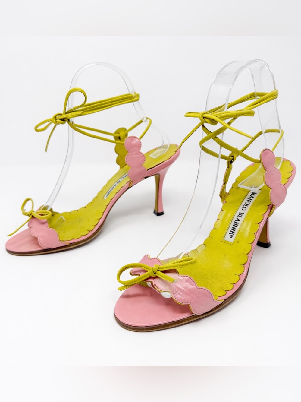 Manolo Blahnik Ankle Strap Sandal Heels Scalloped Pink Yellow Womens Size EU 37